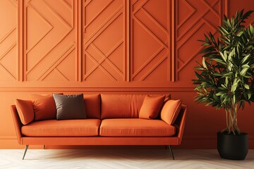Orange Couch and Plant in Modern Interior with Geometric Wall Design