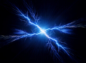 A bright blue electric discharge against a black background with radiating light.
