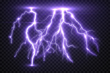 lightning strike, bright realistic lightning effect with flash and glow on isolated background