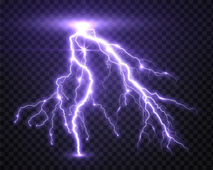 lightning strike, bright realistic lightning effect with flash and glow on isolated background