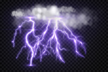 lightning strike and clouds, bright realistic lightning effect in a storm with flash and glow on isolated background