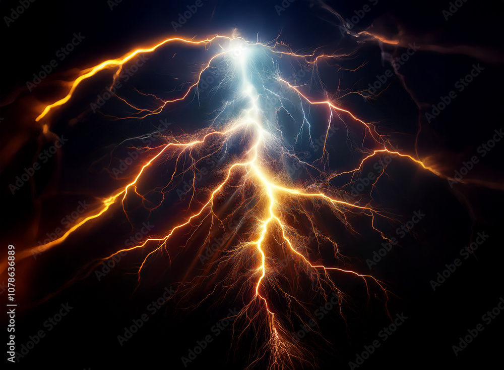 Poster A dramatic image of two bolts of lightning striking each other against a dark background. The lightning is bright, with a yellowish orange color at the bottom and a blueish white color at the top.