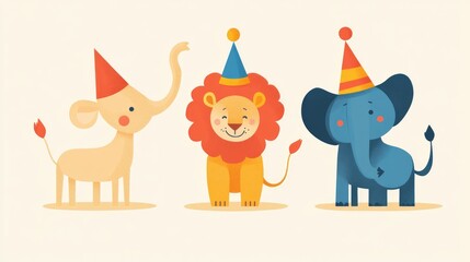 Fototapeta premium Playful Animals Celebrating with Party Hats