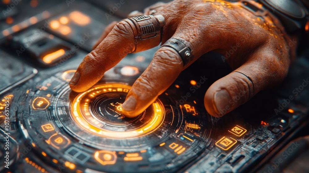Poster a futuristic hand with a ring controls a glowing interface.
