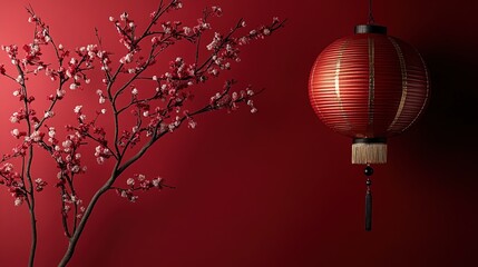Obraz premium Chinese new year. A red lantern hangs from a red wall