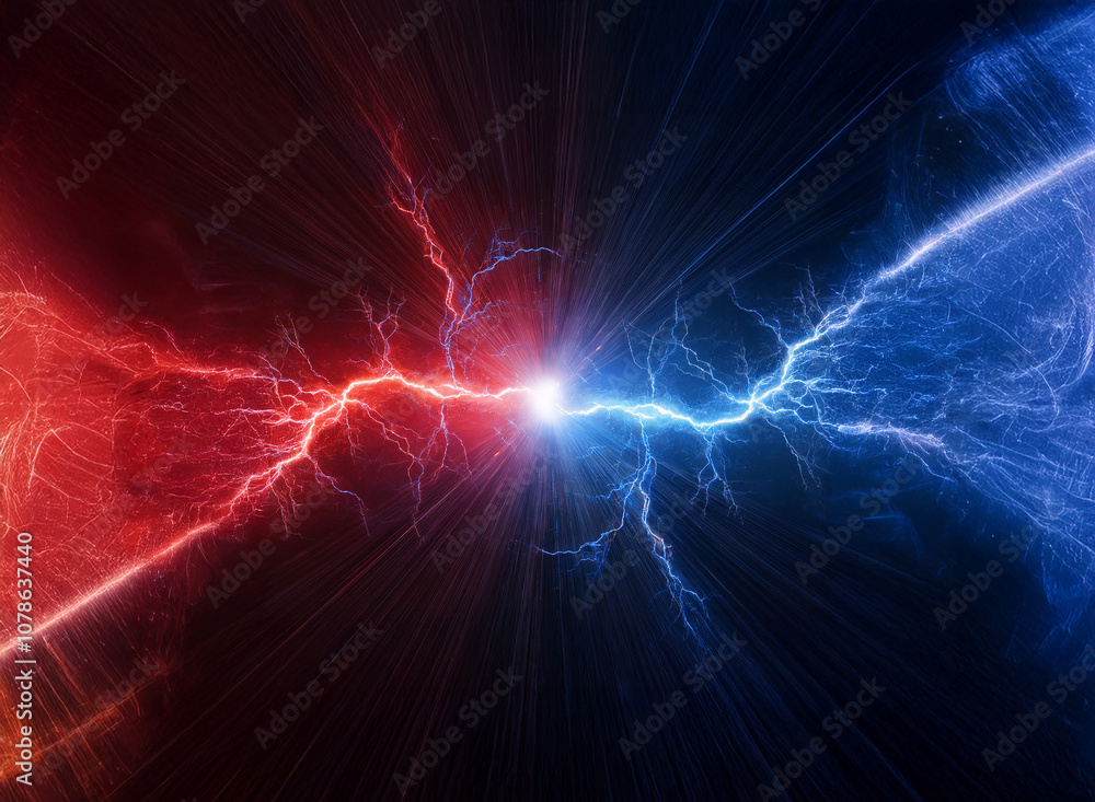 Poster a red and blue lightning bolt collide in the middle of a dark background.