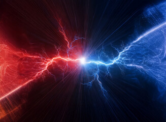 A red and blue lightning bolt collide in the middle of a dark background.