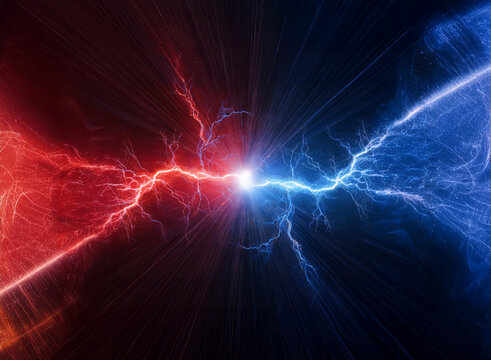 A red and blue lightning bolt collide in the middle of a dark background.