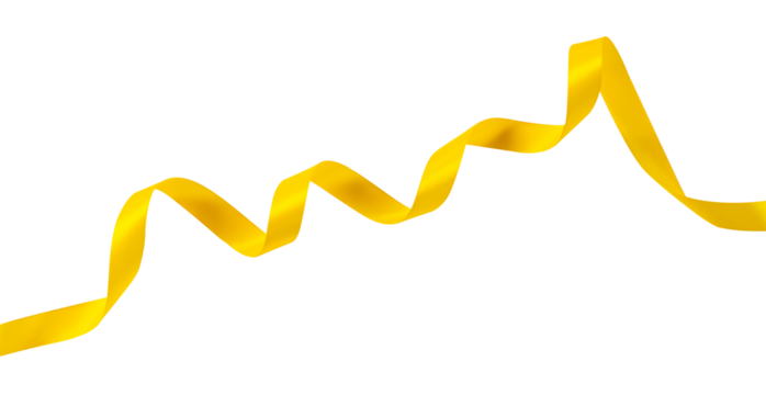 Curly yellow ribbon for party and celebration decoration on white background isolated