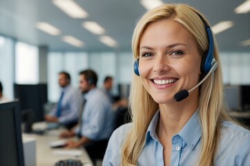 Enthusiastic customer service agent in a corporate setting, using her headset to provide exceptional support, telemarketing, and communication in a fast-paced office.