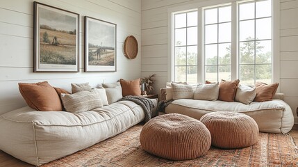 A living room with a white sectional sofa, two orange ottomans, and a rug.