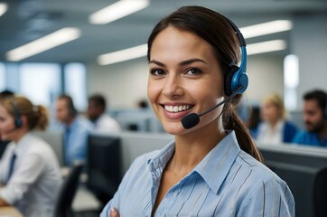 Call center agent in a modern workspace, handling customer service and tech support calls with a headset, demonstrating teamwork, communication, and professional service.
