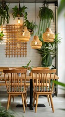 Fototapeta premium Interior design of a modern café featuring an empty space with furniture, plants, and decor suitable for dining or leisurely coffee breaks