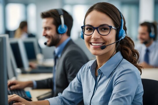 Friendly brunette call center agent in a modern office, with glasses wearing headset and smiling as she provides customer service, telemarketing support, and communication in a professional workspace.