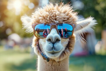 Cool llama wearing sunglasses in a grassy area. Unique promotional idea