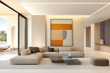 A living room with a white couch and a coffee table