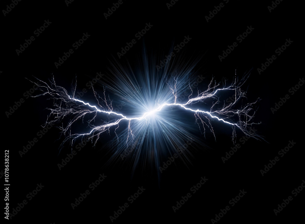 Aufkleber A bright white light explodes in the center of a black background.  Two thin white branches of lightning extend from the center to either side.