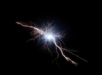 A bright white light explodes from the center of a black background with radiating lines of lightning.