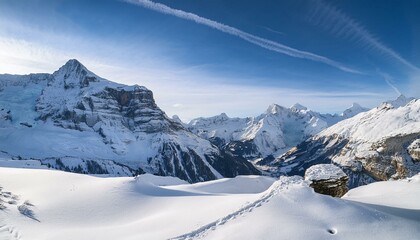 Stunning panoramic view of the Swiss Alps from the top of the Schilthorn mountain in the Jungfrau region of the country