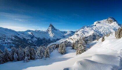 Stunning panoramic view of the Swiss Alps from the top of the Schilthorn mountain in the Jungfrau region of the country