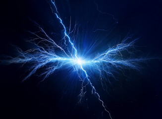 A bright blue electric arc flashes across a dark background, emanating a radiant glow.