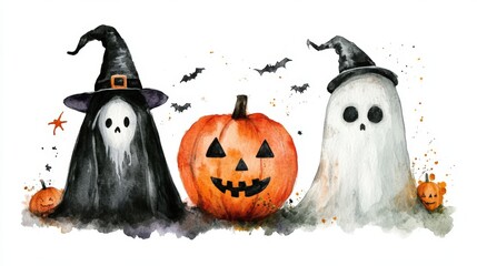 Watercolor Illustration of Halloween Characters and Pumpkins