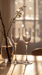 Luxurious toast with champagne and cocktail glasses, celebrating special occasions with pink roses in a kitchen or dining setting