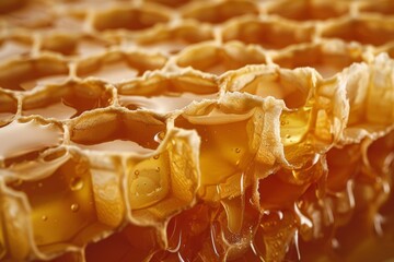 Close-up of natural honeycomb highlighting its golden color, showcasing a healthy and organic product. Focus on the sweetness and stickiness related to bee agriculture and harvesting