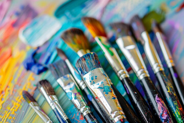 Generative AI image of talented artist passionately painting with vibrant colors on a large canvas in an art studio