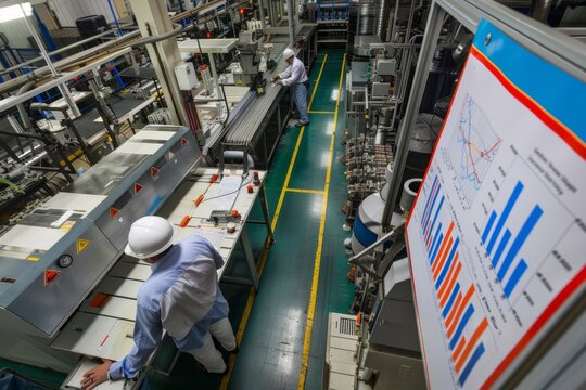 Industrial Workers Analyzing Data Analytics Charts on Factory Floor - Powered by Adobe