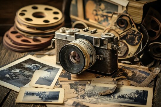 A dusty, old camera on a wooden table, surrounded by faded photographs and film reels, with ample copy space, evoking themes of captured memories and the passage of time in a vintage setting.