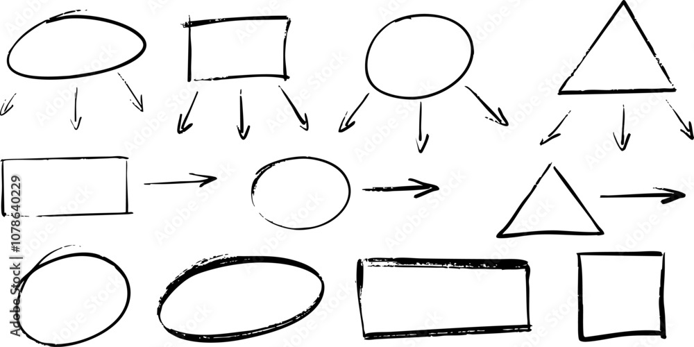 Aufkleber Sketch line arrows and frames set. Collection of hand drawn elements on a transparent background. Pointers, oval and square frames, check mark elements. Vector elements EPS 10