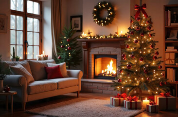 A decorated Christmas tree stands beside a glowing fireplace, creating a cozy atmosphere in the living room