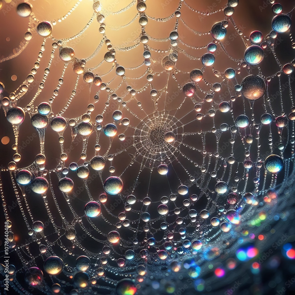 Wall mural dew on a spider web a macro shot capturing tiny dew drops on a s