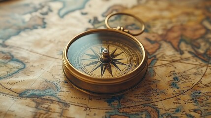 Vintage compass on an antique world map, symbolizing exploration and adventure.