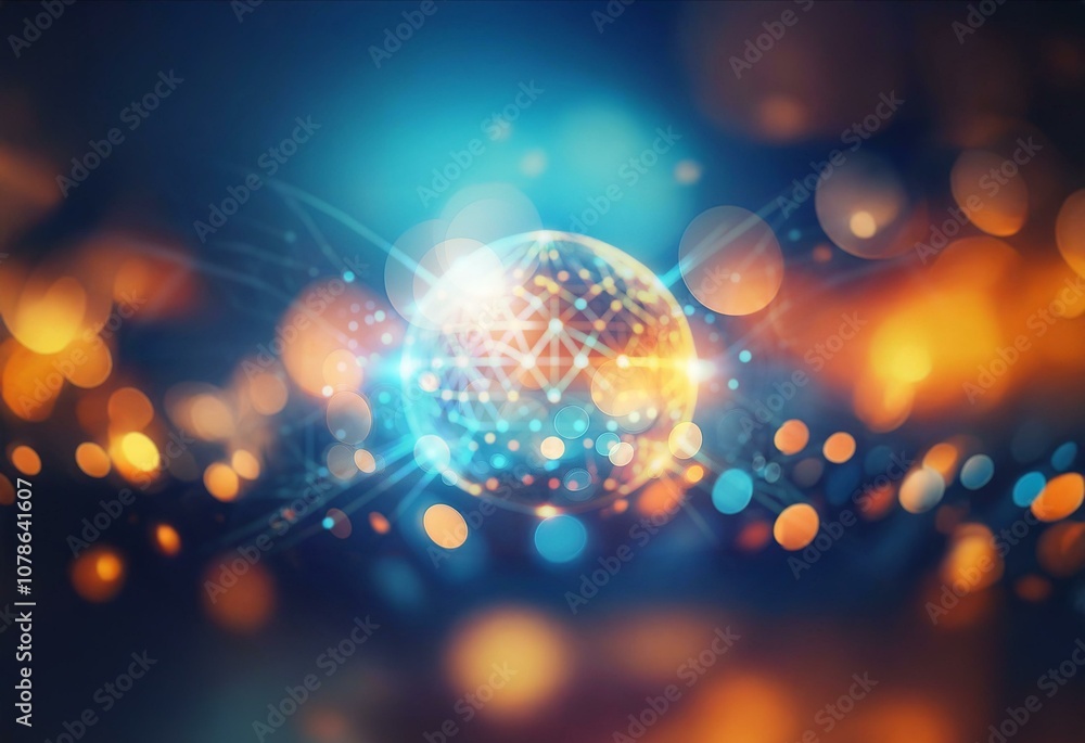 Poster a glowing sphere made of connected lines and dots surrounded by blue and orange glowing lines agains