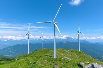 In a beautiful sunny summer autumn mountain landscape. Curvy road through a mountain Eolic park. The wind farm is set on an eco field of green living.