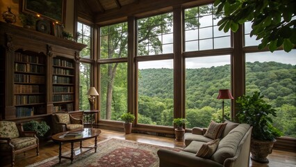Fototapeta premium Vintage Style Living Room with Expansive Views of a Lush Green Forest, Showcasing Cozy Decor and Natural Light, Perfect for Relaxation and Serenity in Nature's Embrace