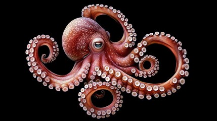 Obraz premium A close-up of a vibrant octopus with its tentacles curled in a mesmerizing pattern against a black background.