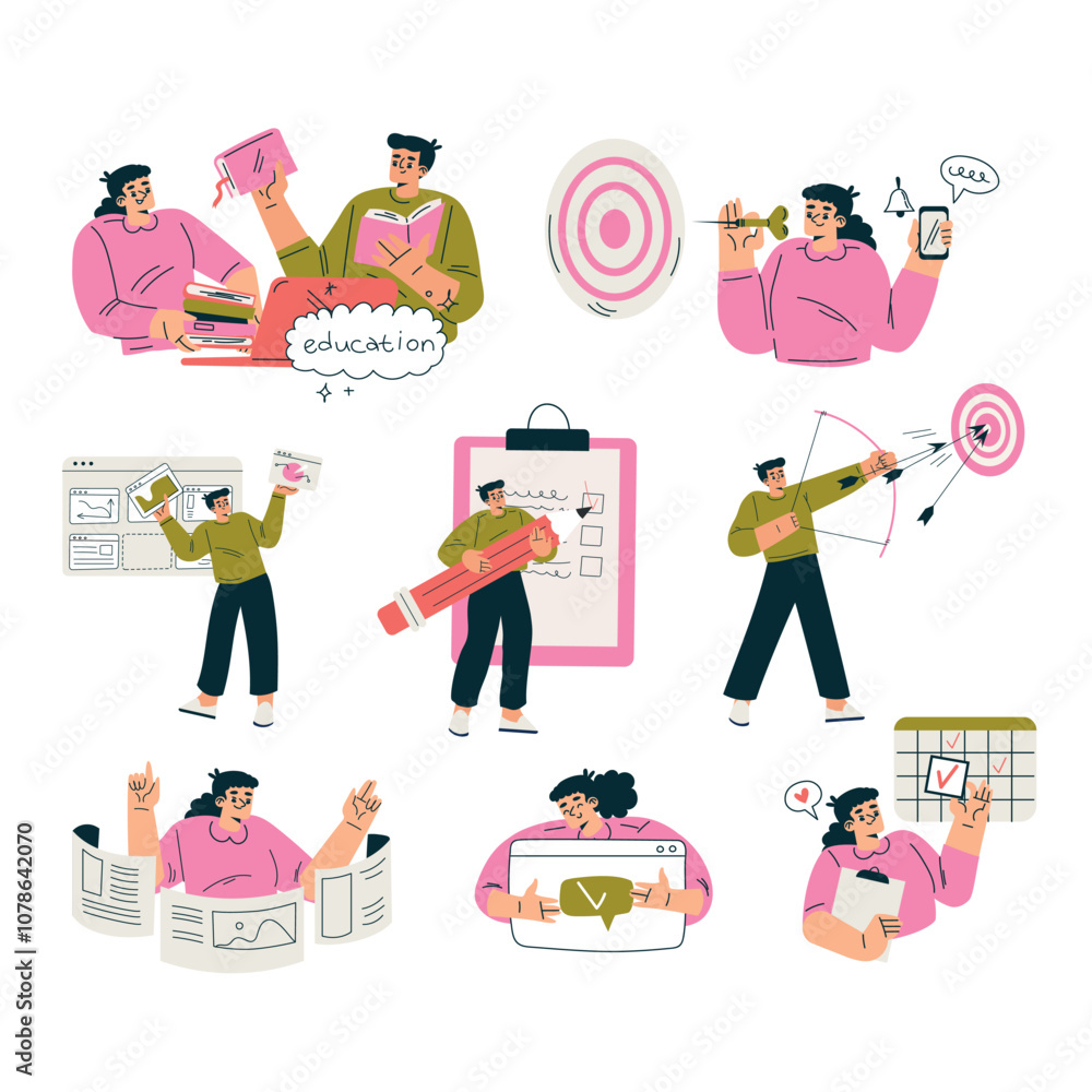 Poster productive workflow with man and woman managing task vector set