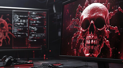 Digital skull graphic with red accents, showcasing cyber themes and technology