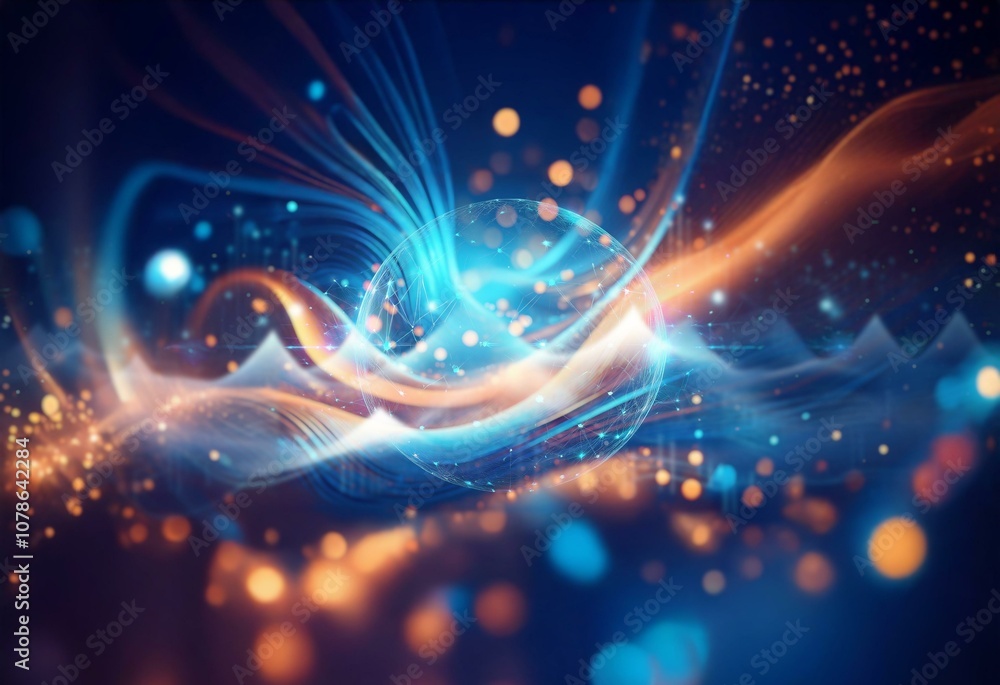 Poster Abstract background with blue and orange flowing lines and bokeh lights.