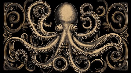 A detailed illustration of an octopus with swirling tentacles against a black background.