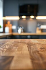 Rustic Wooden Kitchen Counter with Modern Shelves and Kitchenware