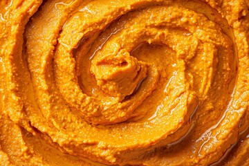 Fototapeta premium Rich and Creamy Saffron Hummus Close-Up, Featuring Smooth Texture and Bright Saffron Color. Great for Food Photography, Recipe Showcases, or Restaurant Advertising.