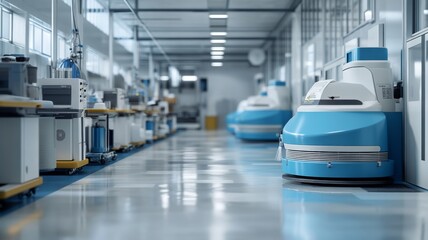 Fototapeta premium Modern Industrial Factory Interior with Advanced Robotics and Automated Machinery in a Clean and Efficient Production Environment