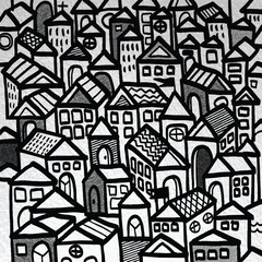 black and white abstract illustration of densely packed cityscape with various geometric buildings, showcasing diverse architectural styles and patterns