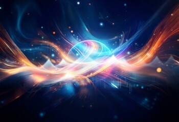 Abstract glowing waves in blue and orange with light dots, against dark background.