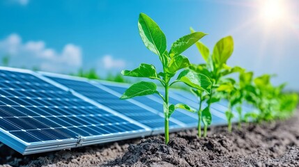 Fototapeta premium Green energy metaphor, solar panel leaves on a plant