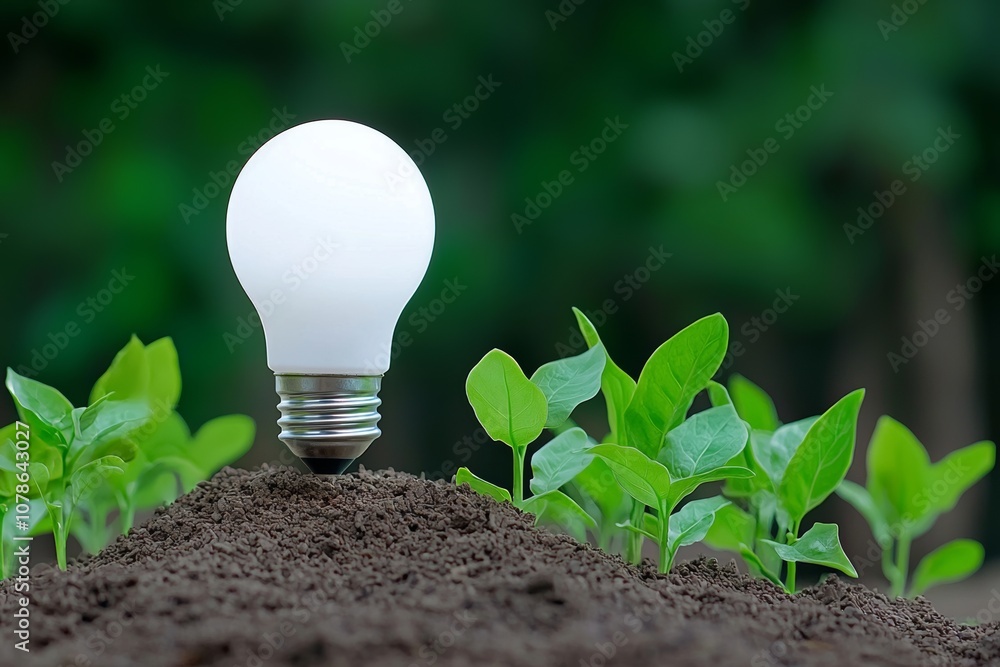 Poster tree with light bulbs on soil. concept for saving the planet and energy